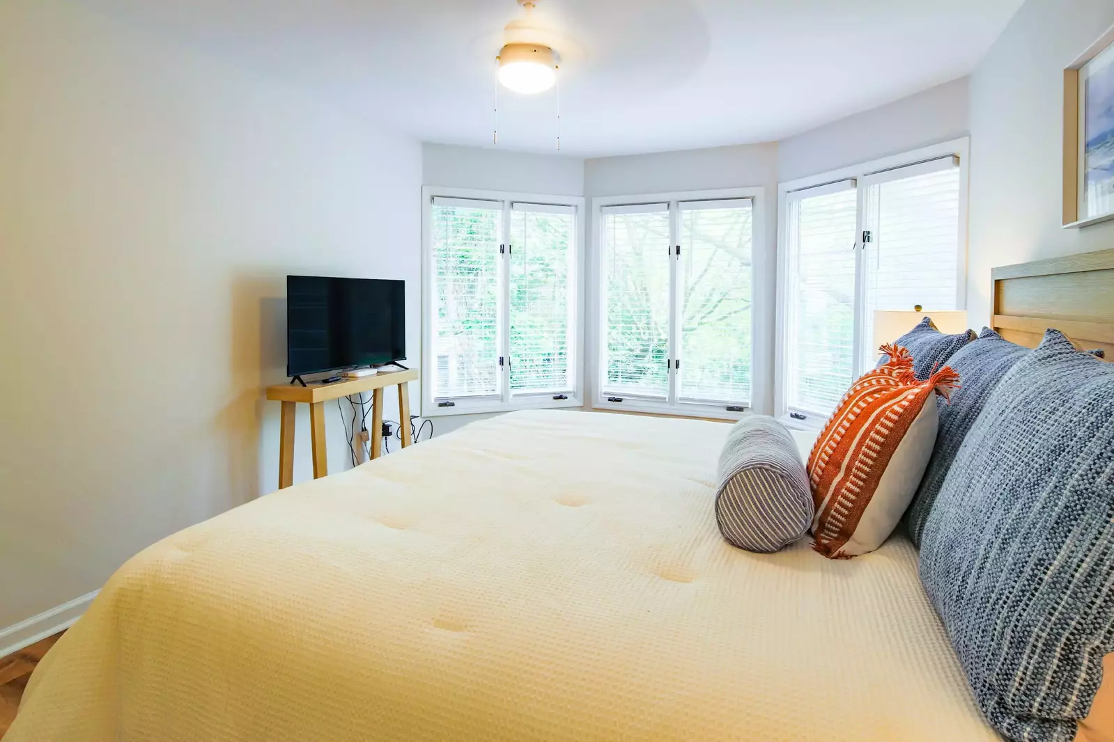 The bedroom features a ceiling fan, smart TV and lagoon views.
