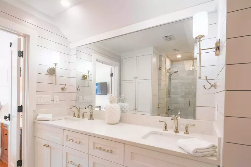 There is plenty of room to store your personal belonings within the vanity's drawers and cabinets.