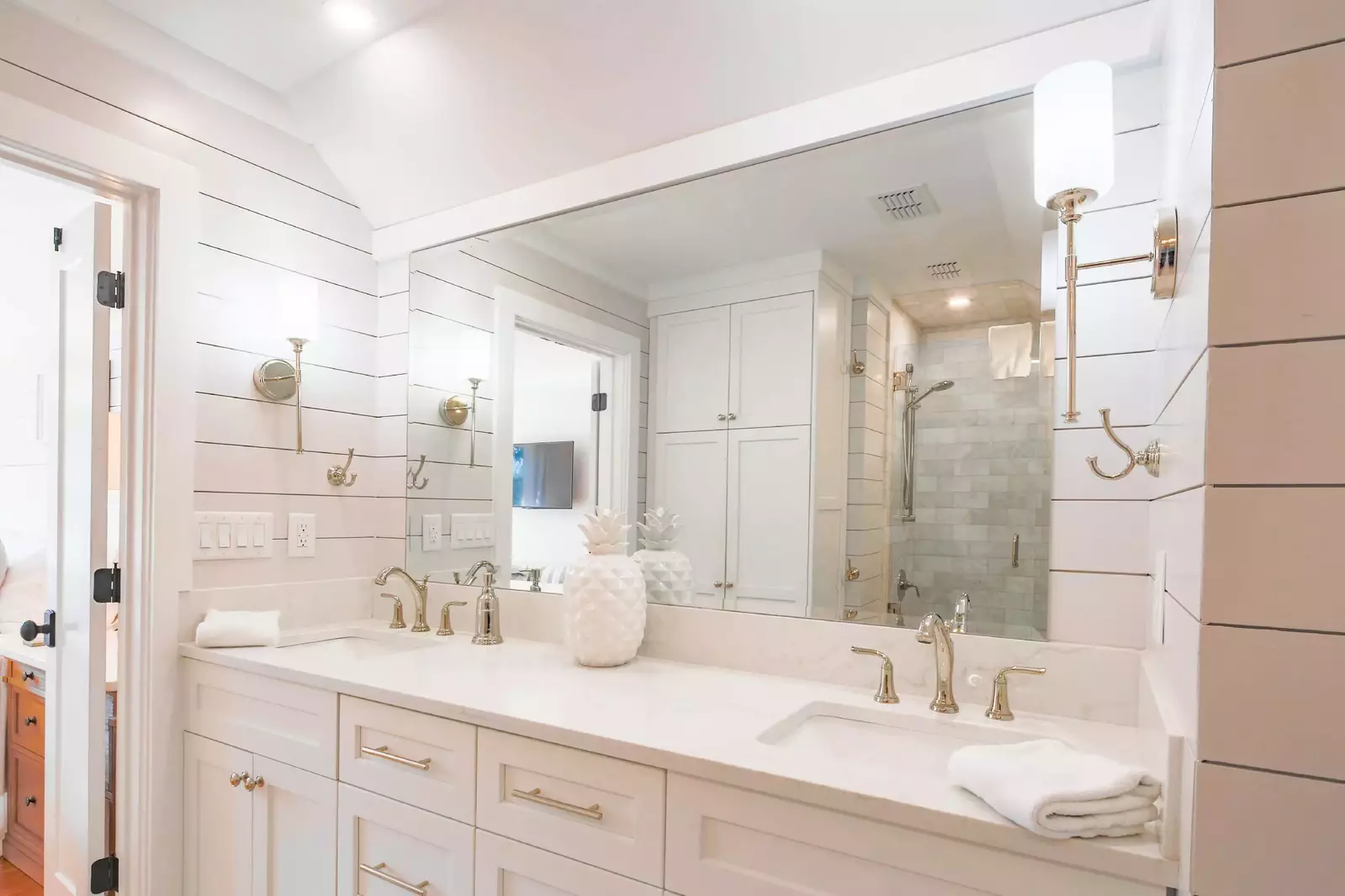 There is plenty of room to store your personal belonings within the vanity's drawers and cabinets.