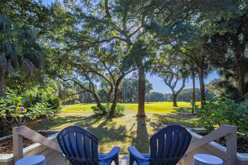 The deck overlooks the eighth hole of the Cougar Point golf course.