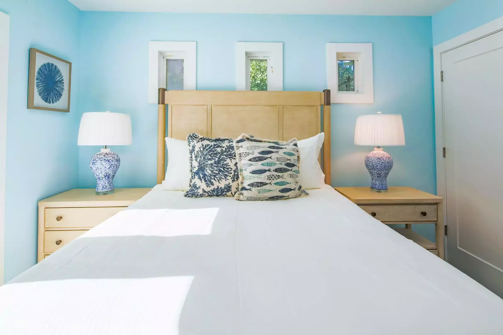 The home has been decorated with a soothing mix of coastal blues, whites and beiges.