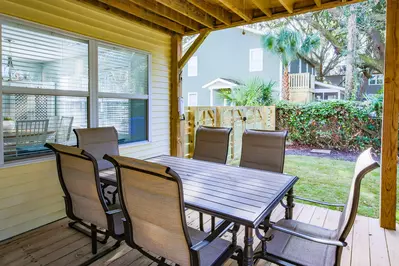 The Blue Oyster has a covered back deck with an outdoor dining area.