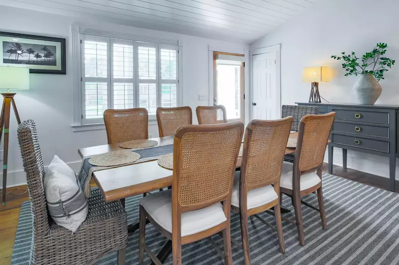 The dining table seats 8.  There is additional seating available at the kitchen counter and breakfast nook.
