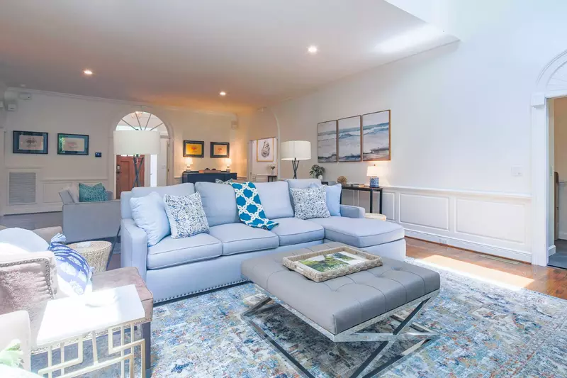 The sky lights bring lovely natural light to the living room.