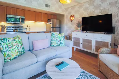 This room features a kitchen, living room and large screen TV.