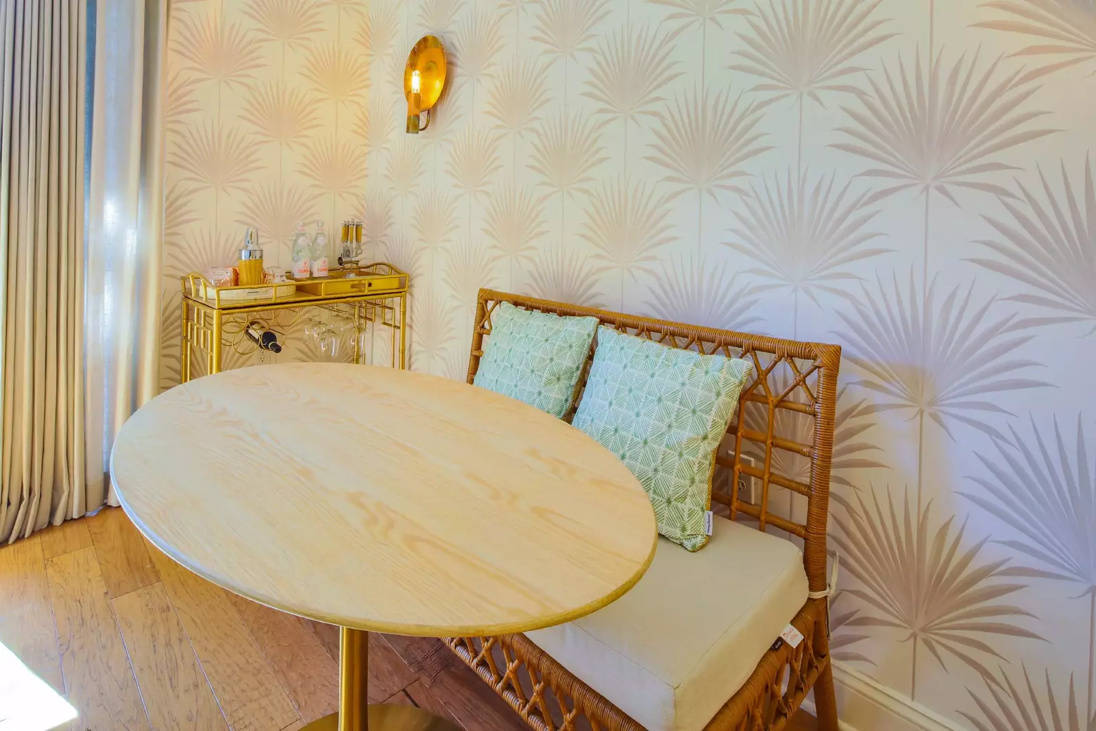 Enjoy your morning coffee or a bite to eat at this lovely banquette table.