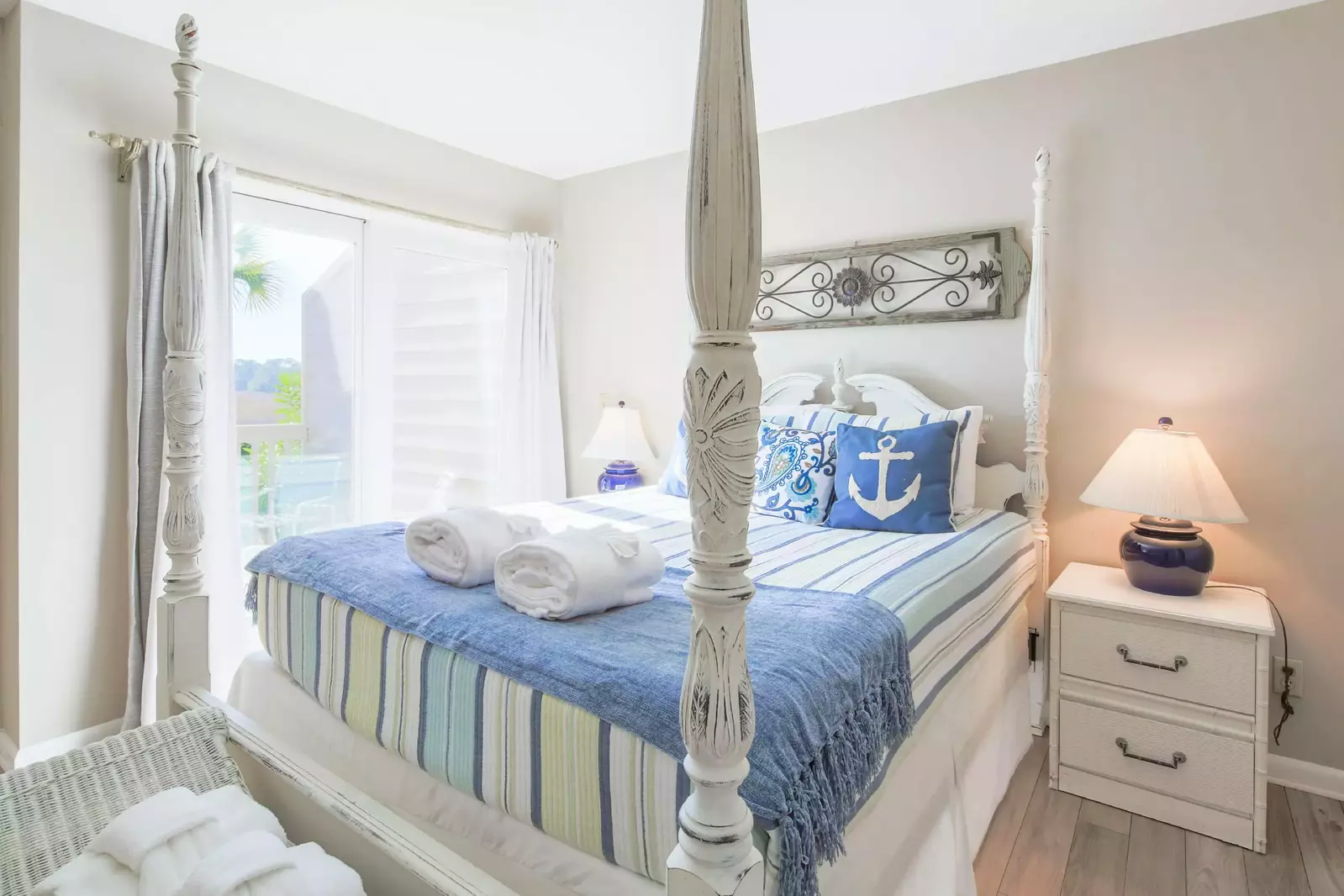 The master suite, which features a queen bed, is located on the townhome's lower level.
