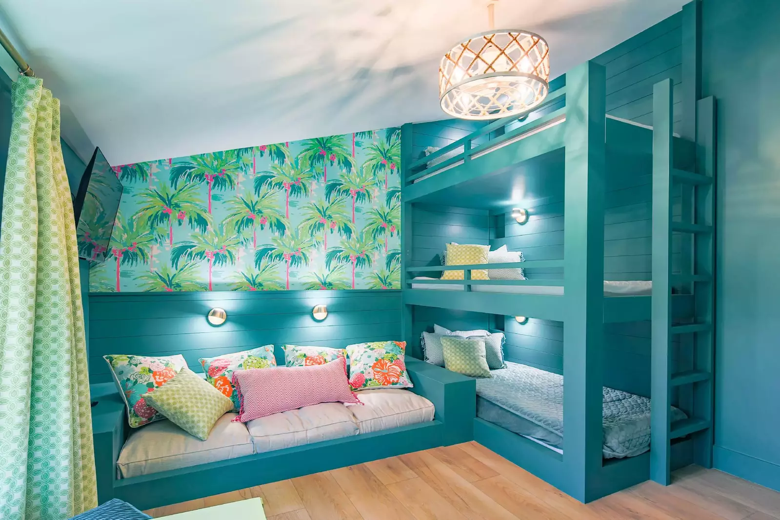 The bunk bedroom features three twin beds.