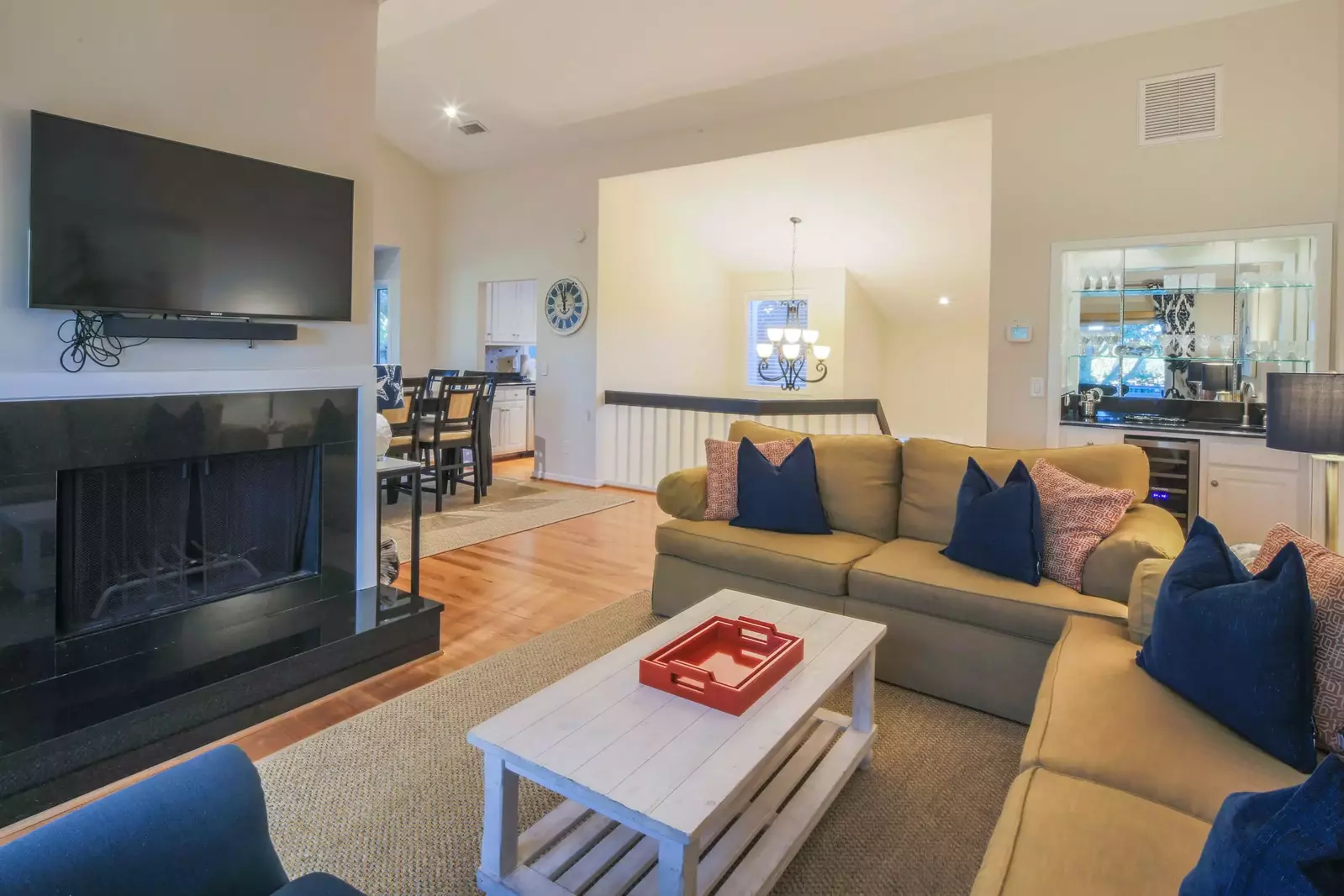 Happy Place has a reverse floor plan layout, with the living room, dining room and kitchen located on the upper level.