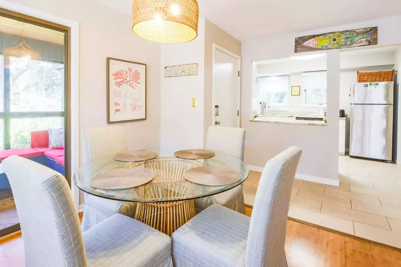 When you enter the front door, you'll find the kitchen and dining area.
