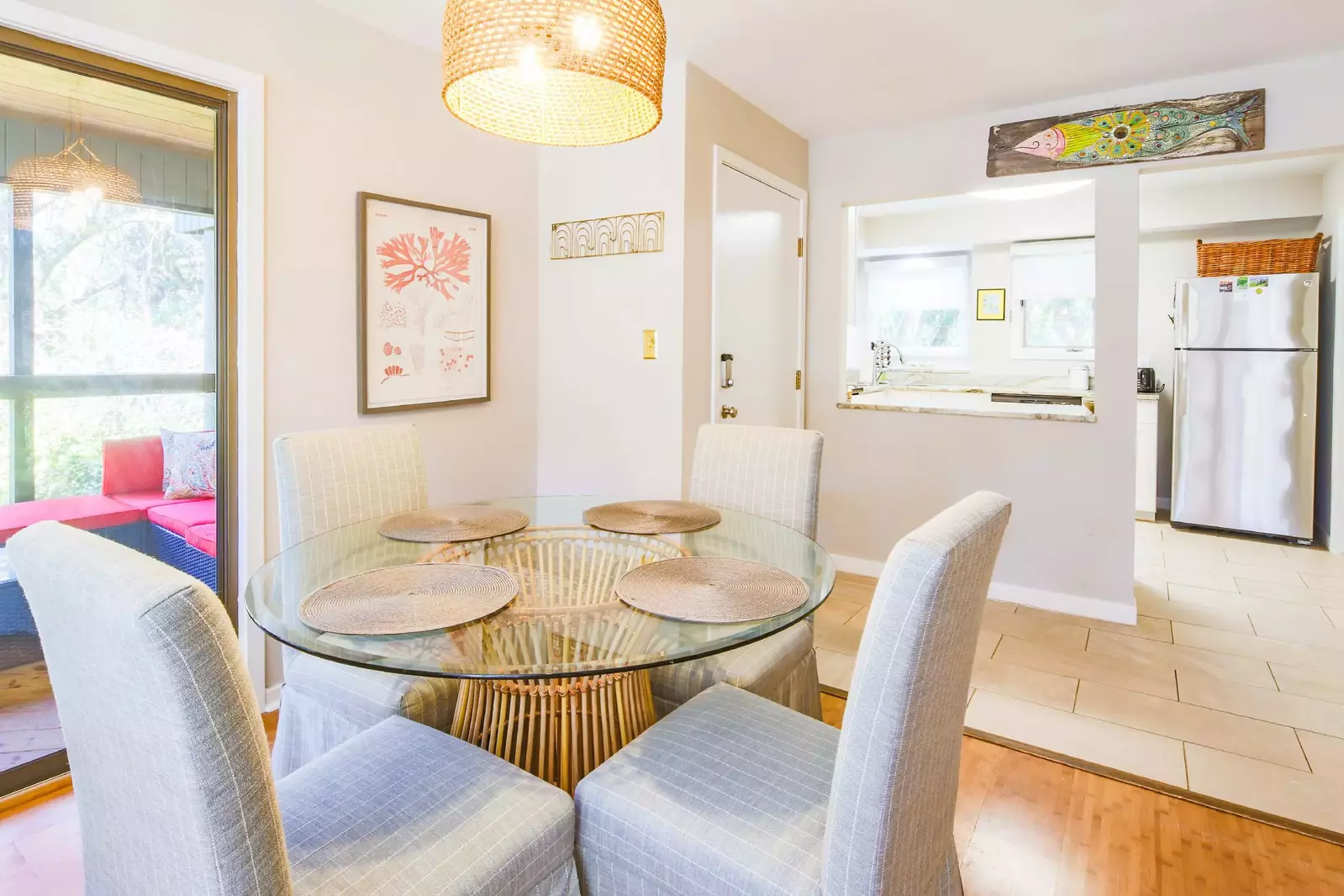 When you enter the front door, you'll find the kitchen and dining area.