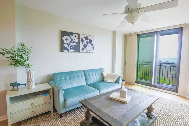 The sofa in the living room converts to a full futon.