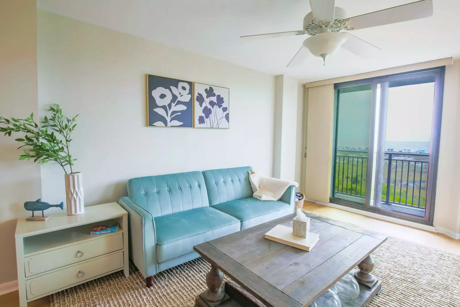 The sofa in the living room converts to a full futon.