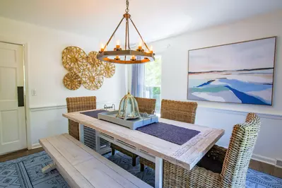 The home is decorated in a soothing mix of coastal blues, tans and browns.