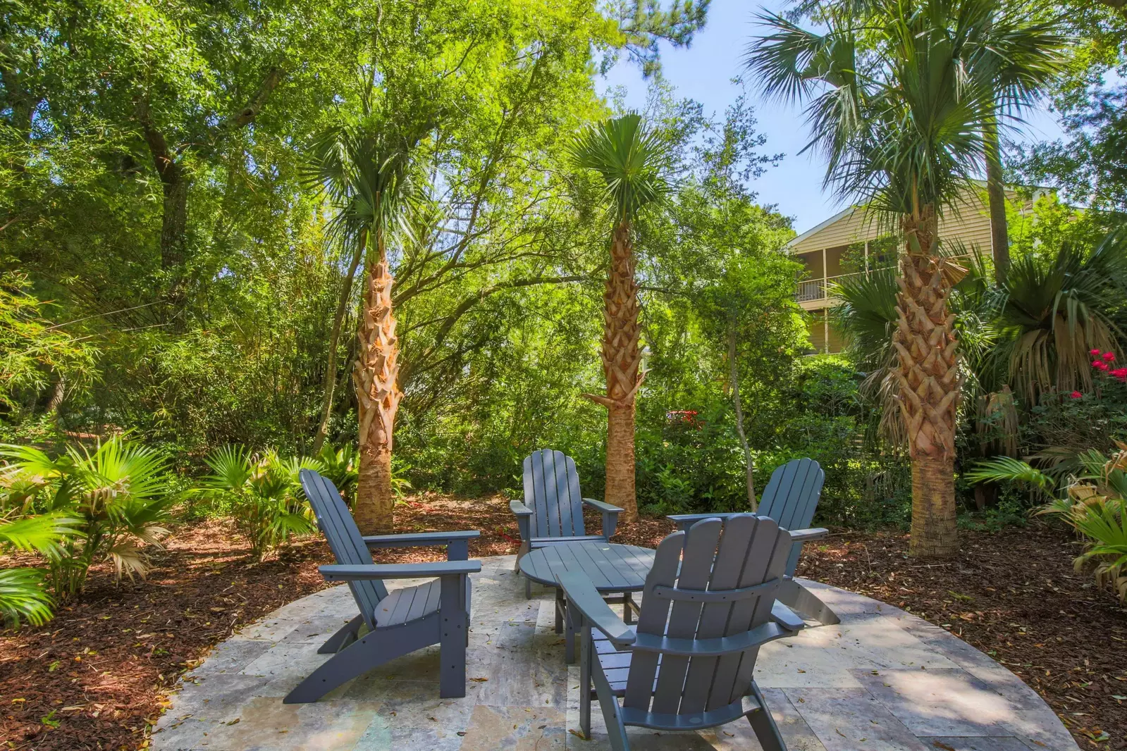 The Adirondack chairs in the backyard offer the perfect spot for morning coffee, evening beverage or late night stargazing.