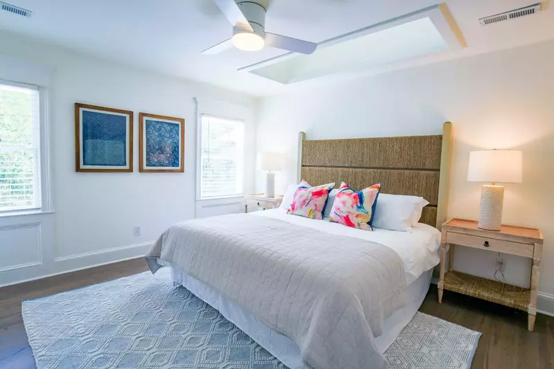 The master suite looks out onto the backyard of the home.