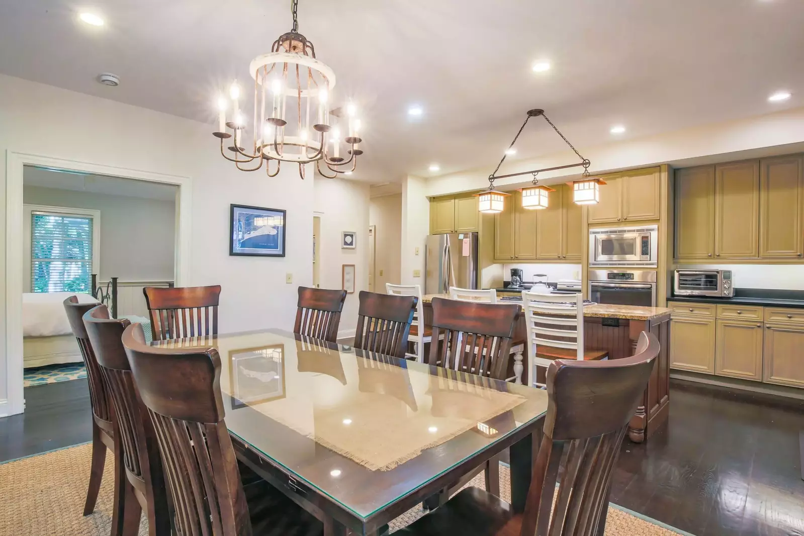 The pocket doors off of the dining area lead to a guest bedroom.