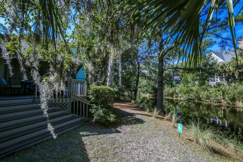 The lagoon is lined with palmetto trees and live oaks trees with Spanish moss.