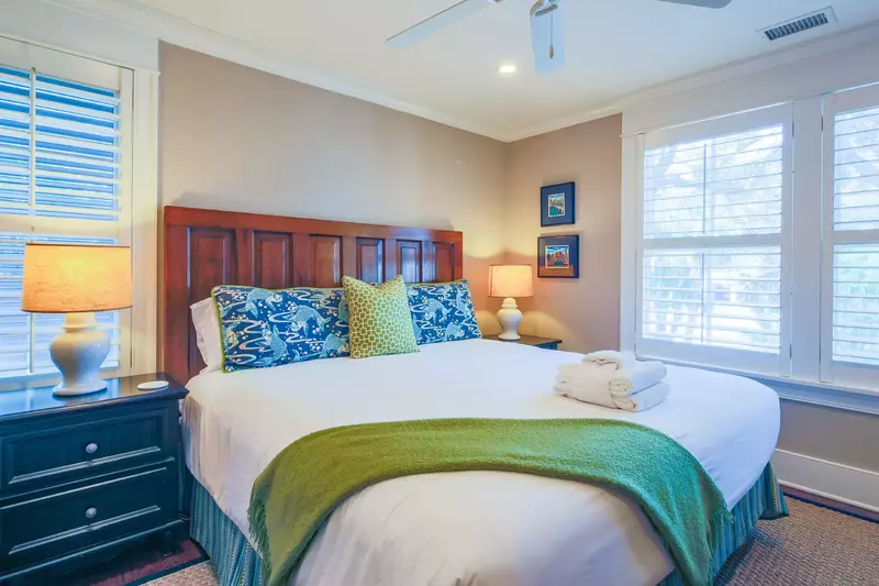 This guest suite is situated on the home's lower level.