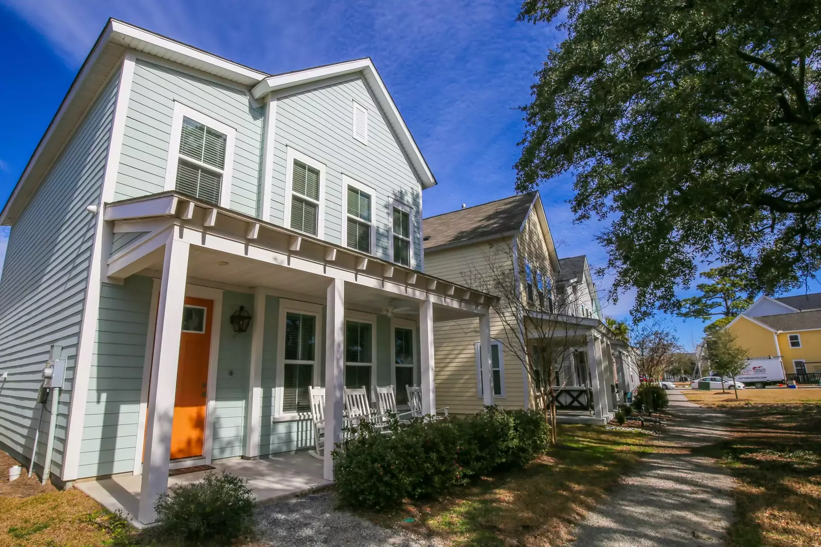 Scout Alley features four rocking chairs on the covered front porch.
