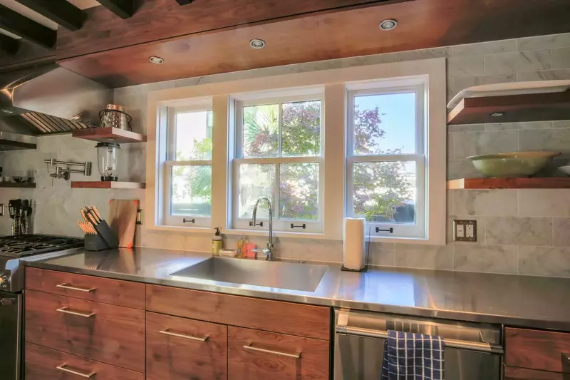 The kitchen looks out onto the home's private courtyard.