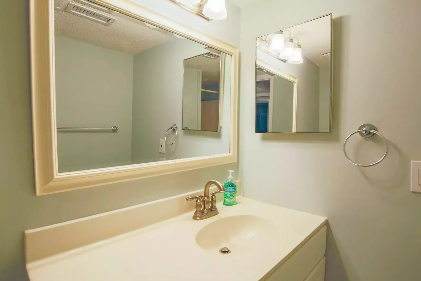 The hallway bathroom features a spacious vanity.