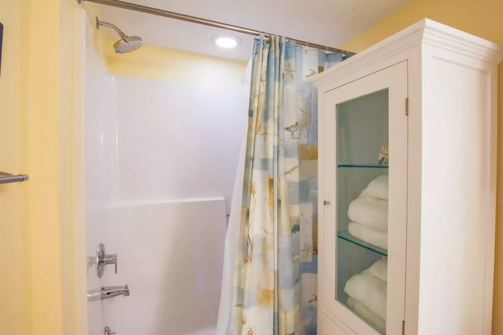The guest suite bathroom features a shower/tub combo and multiple storage areas.