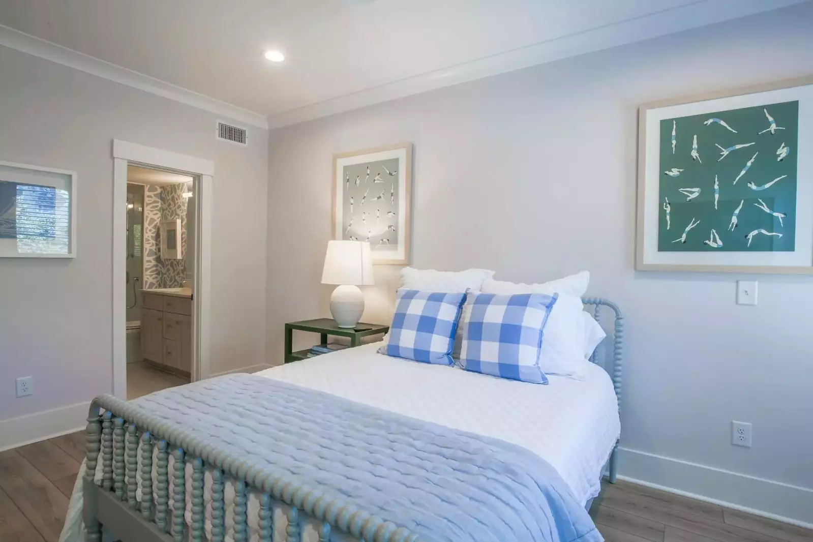 This guest bedroom also has access to a bathroom.
