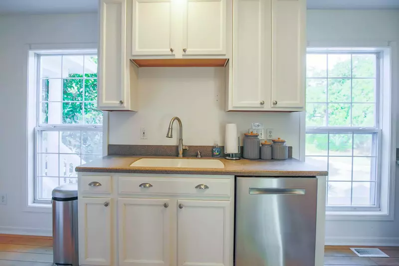 There is a dishwasher and a double sink with a garbage disposal.