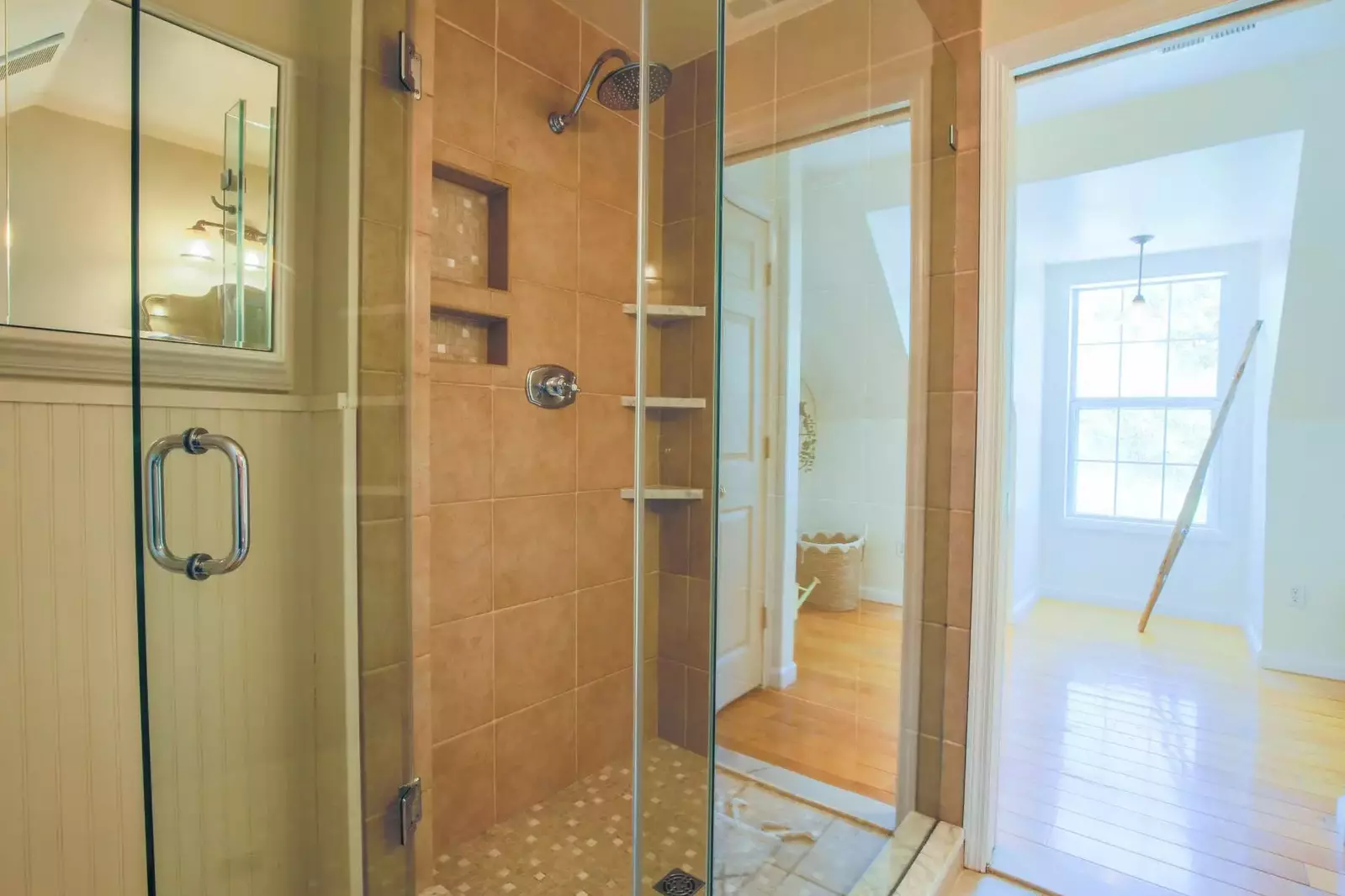 There is also a tiled, walk-in shower in the upstairs bathroom.