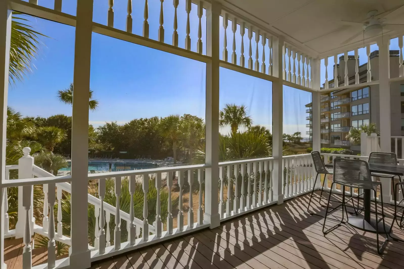 You may use the exterior stairs off the screened porch to walk to the gated community pool.