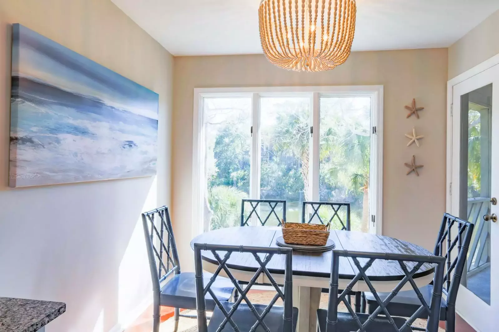 The home has been decorated with a coastal mix of blues, grays, browns and beiges.