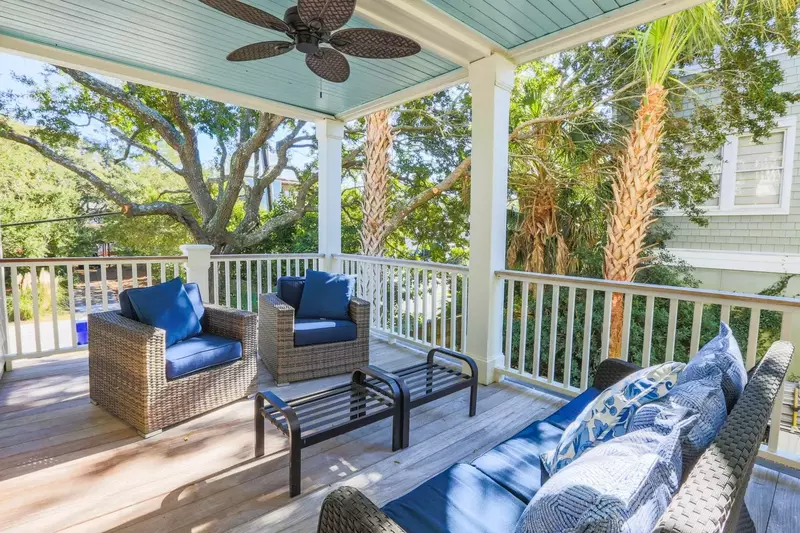 This seating area on the covered deck is located just outside one of the first floor guest bedrooms.