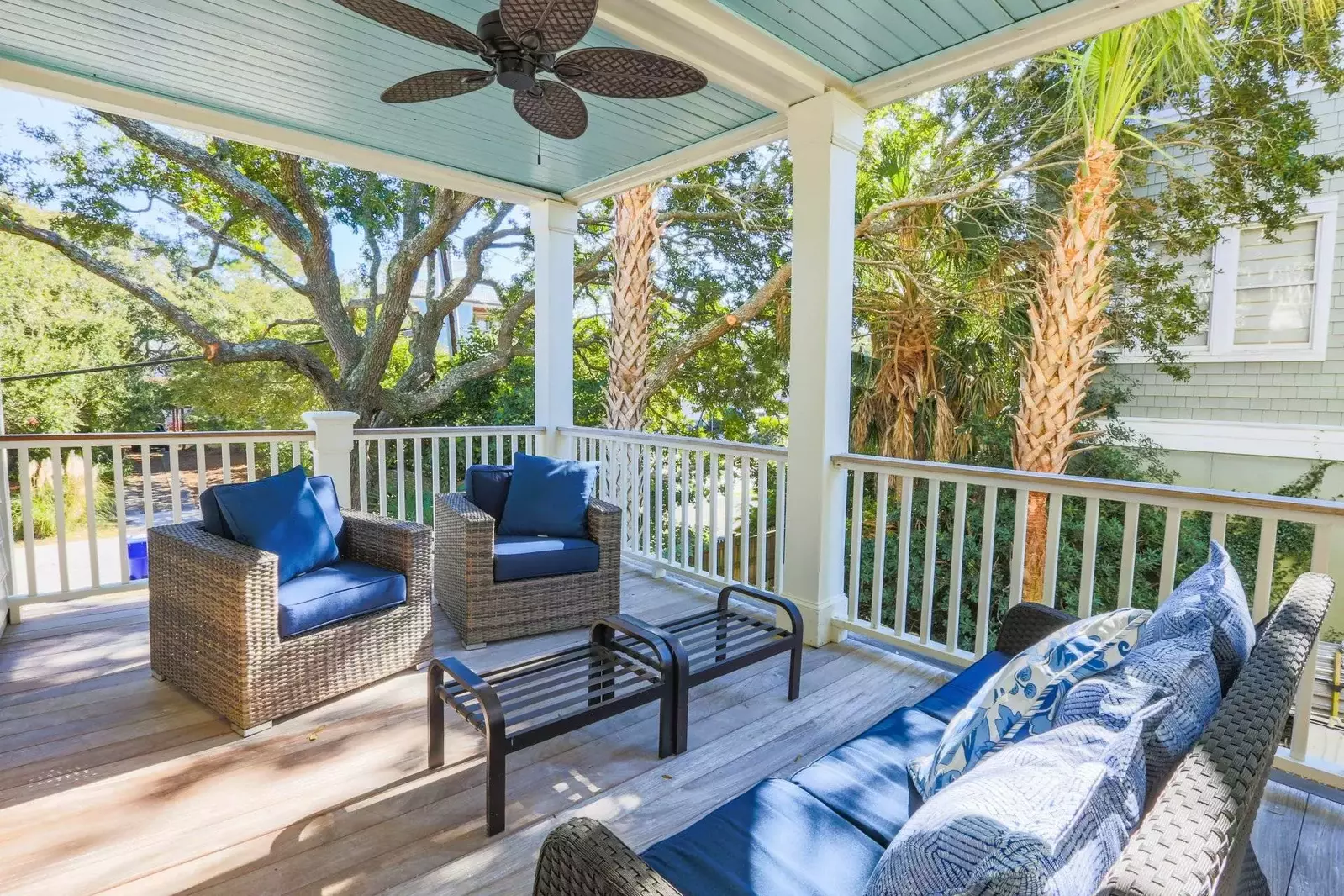 This seating area on the covered deck is located just outside one of the first floor guest bedrooms.