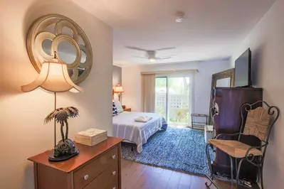 The large bedroom suite features a king bed and access to a private outdoor courtyard.