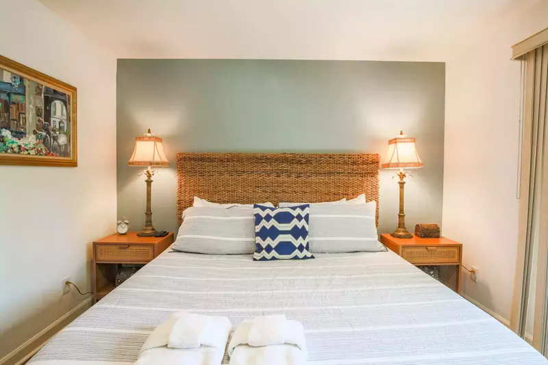 The king bed will be made in advance of your arrival with freshly laundered sheets.