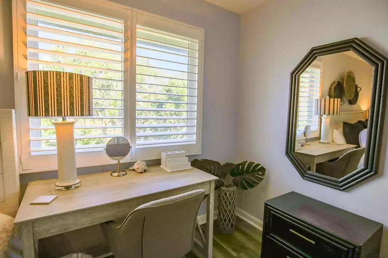 The desk converts from a workspace to a great spot for applying your makeup or getting ready for an evening out.