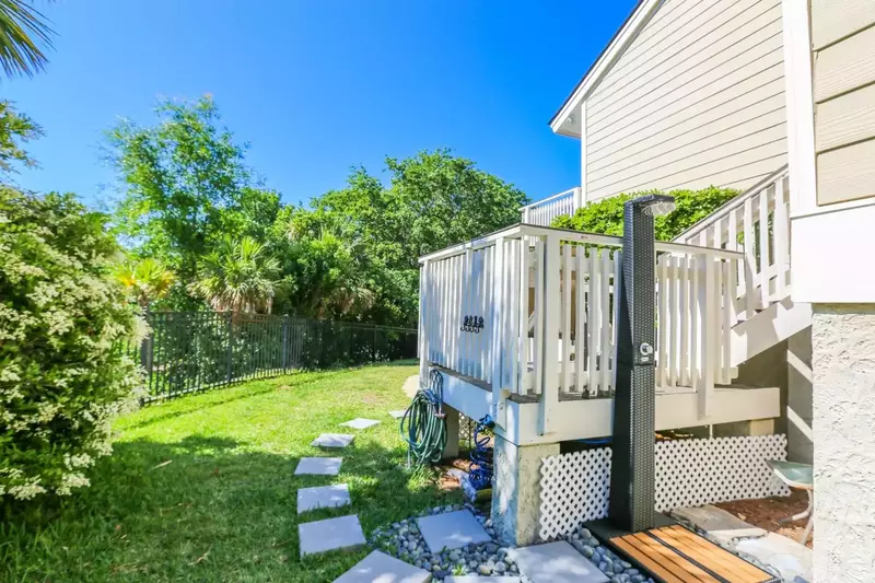 Endless Summer has an outdoor shower tucked away near the steps to the front door of the home.