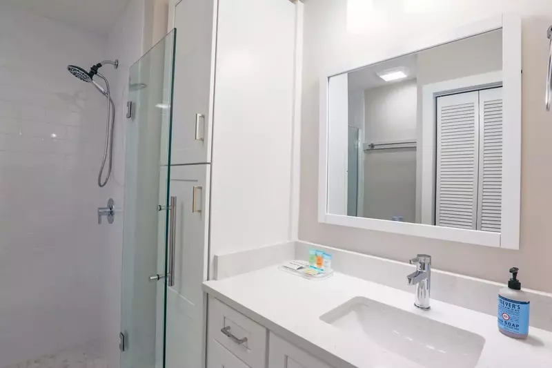 This newly added bathroom features white cabinetry and a tiled, walk-in shower.