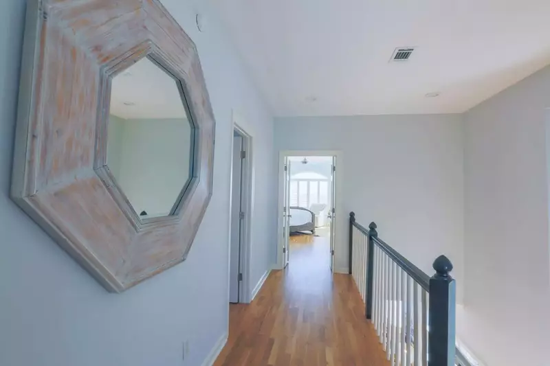 The master bedroom is located on the second floor at the end of the hallway.