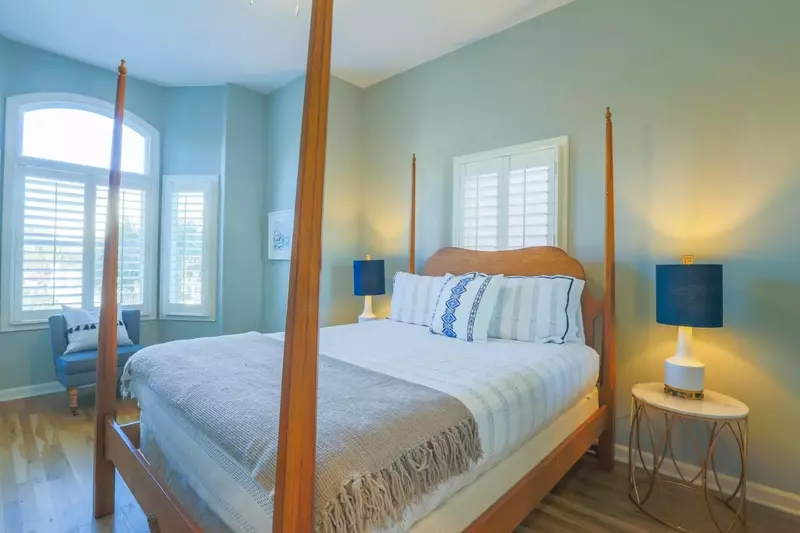 This beautiful guest bedroom is located on the home's ground floor.