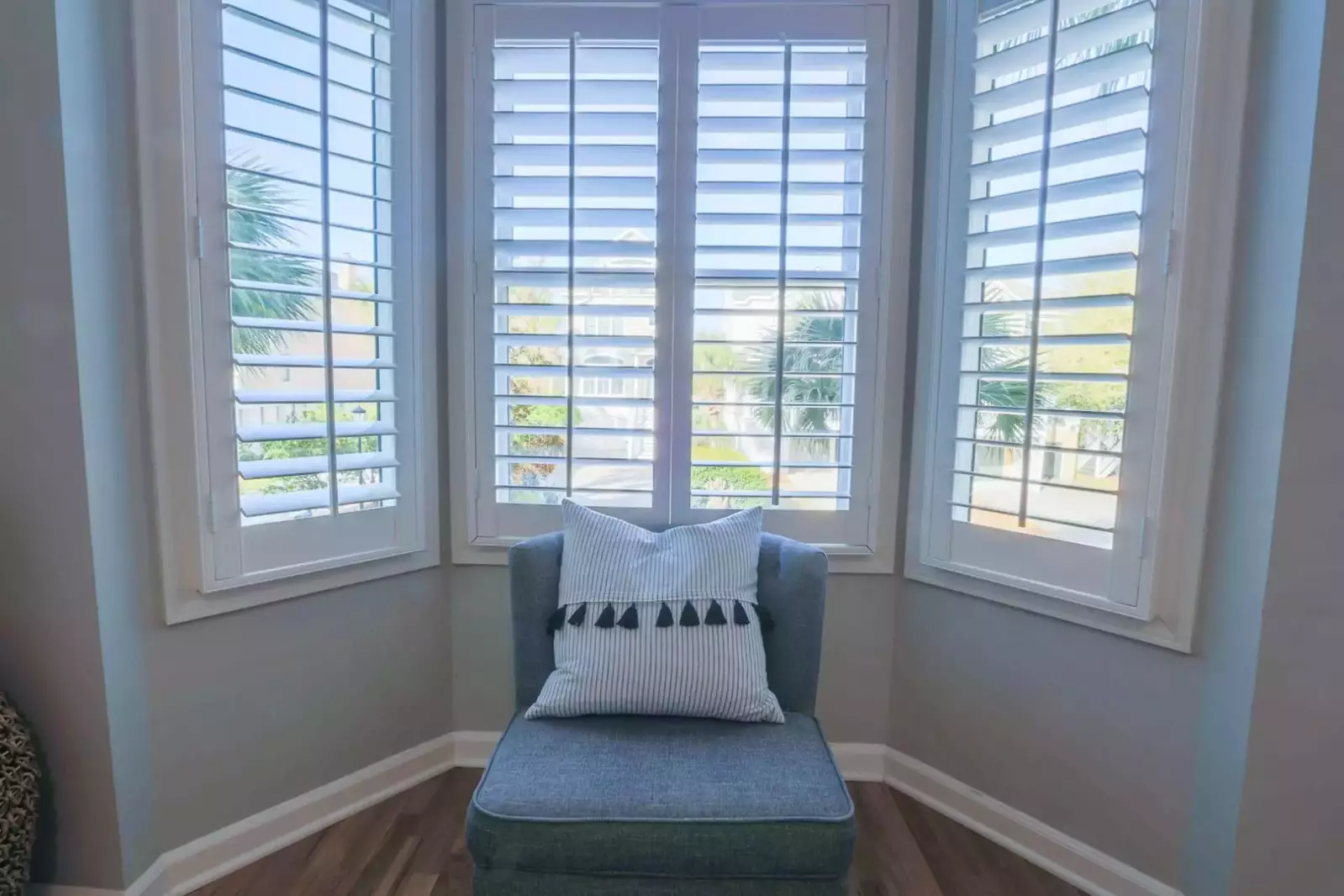 This ground floor guest bedroom looks out over the front side of the home.