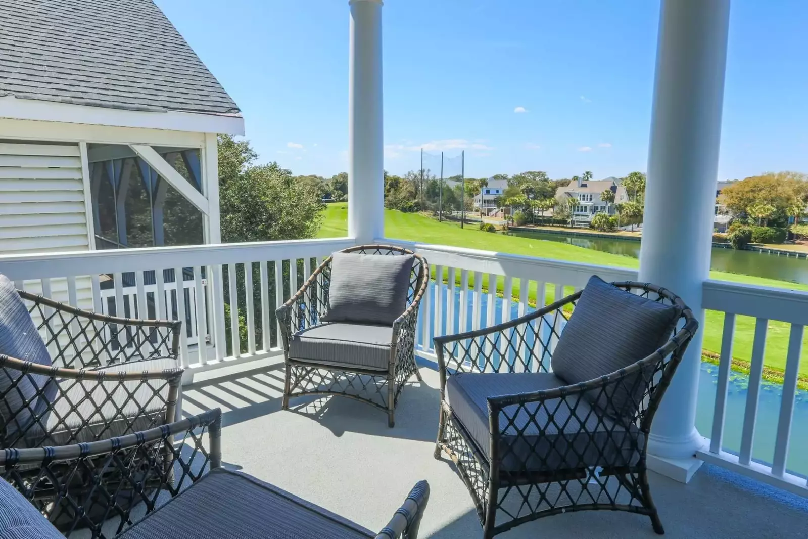 The covered porches enable you to enjoy lovely breezes and views of the alligators, turtles & birds in the lake.