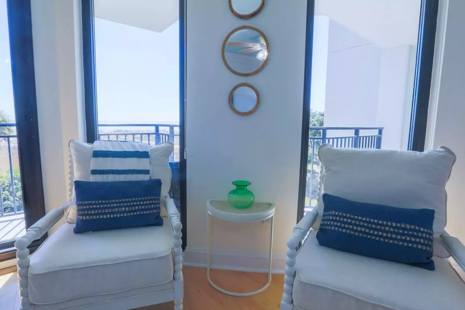 The condo's private balcony runs alongside the condo from the living room to the master bedroom.