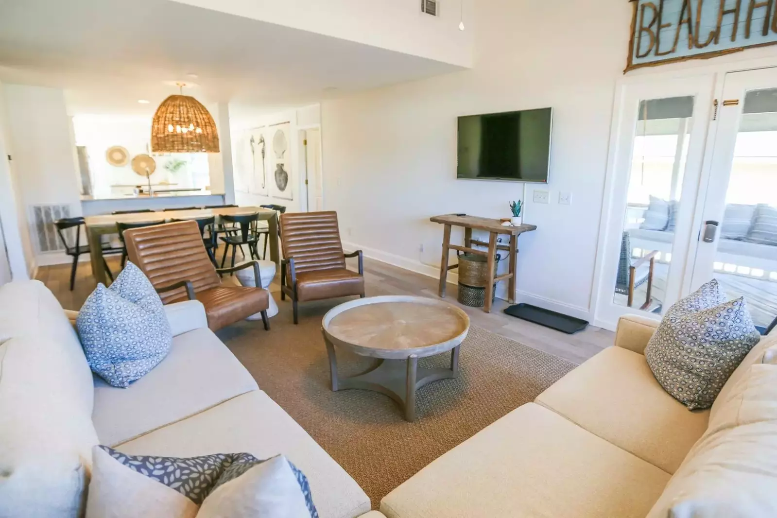 When you enter the front door, you'll find the living room, dining area and kitchen.