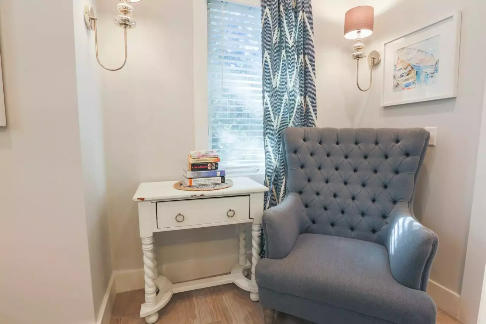 This comfortable seating area is tucked away in the corner of the master suite.