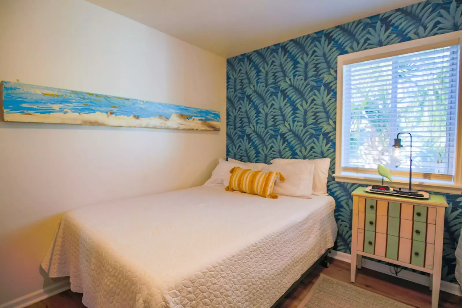 The bedroom features all new wallpaper and new Tempur-pedic mattresses.
