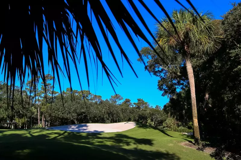 The 13th hole of the Cougar Point Golf Course is located just beyond the home's backyard.