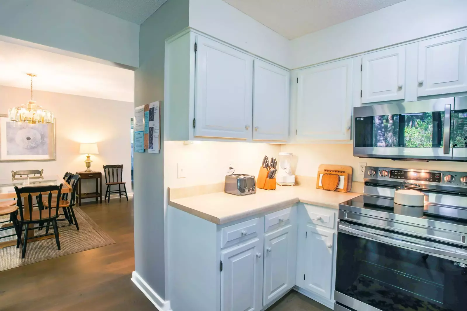 The kitchen opens onto the dining area.