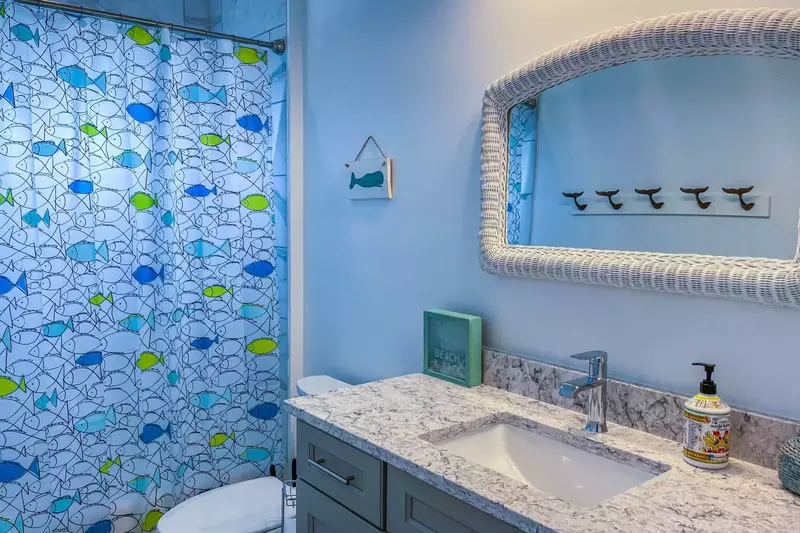 The guest bathroom features a shower/tub combo and a spacious vanity.
